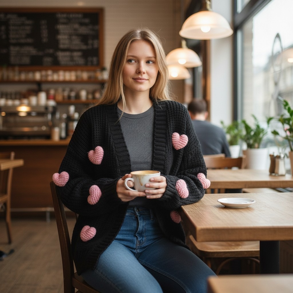 Maeve Anthropologie Susannah 3d Heart Cardigan Sweater Black Pink One Size Nwt